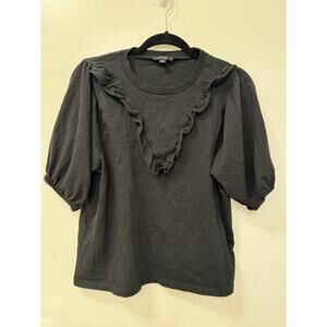 J. Crew 3/4 Sleeve Black Cotton Top Ruffle Neckline Puffy Sleeves Medium
